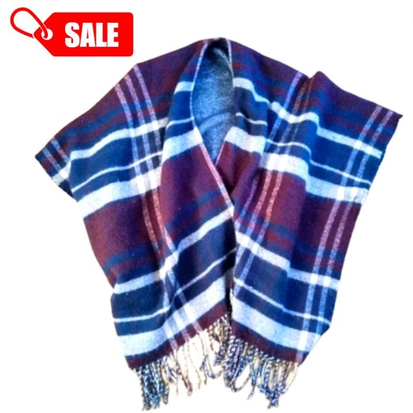 PONCHO - Plaid Soft Blanket Poncho in Red, White, and Blue with Tassles - Picture 1 of 9